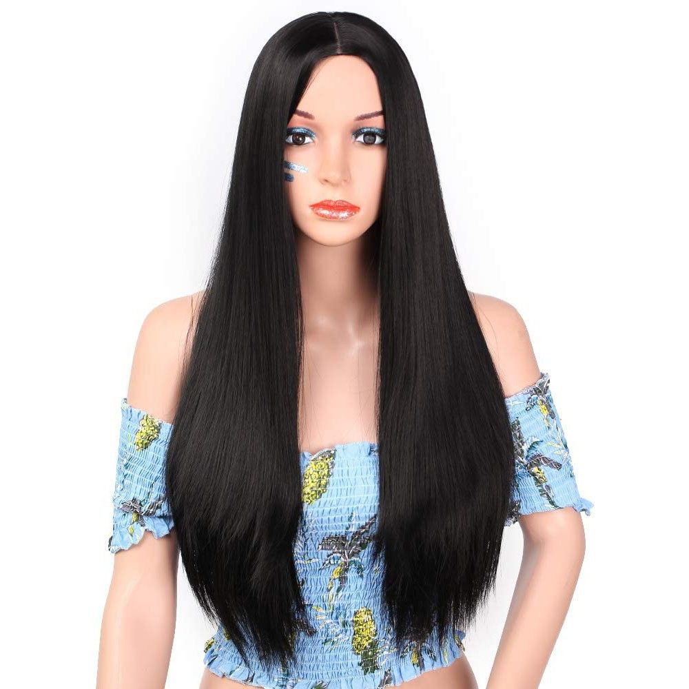 Black straight wigs European American women fashionable wig headgear with split long straight hair