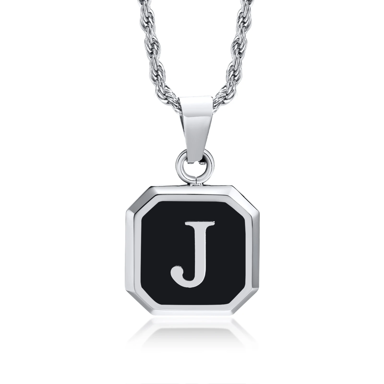 Initials Necklaces for Men Women,A-Z 26 Letters Black Square Stainless Steel Pendant Collar,45-60CM Twisted Rope Chain Gifts