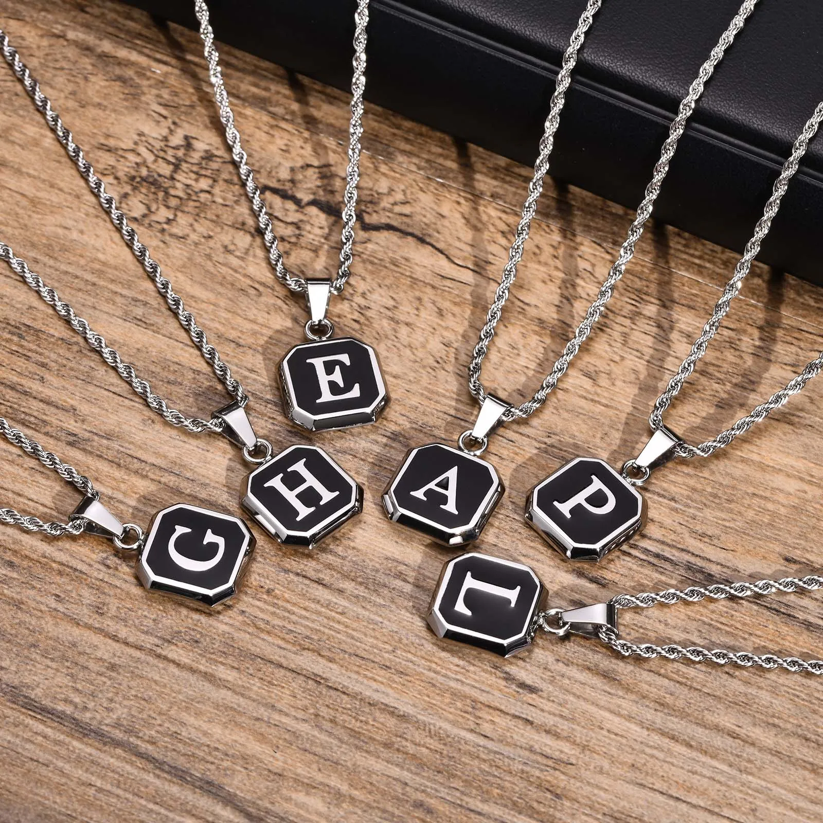 Initials Necklaces for Men Women,A-Z 26 Letters Black Square Stainless Steel Pendant Collar,45-60CM Twisted Rope Chain Gifts