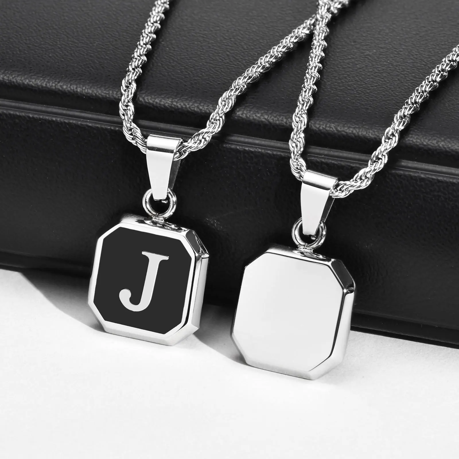 Initials Necklaces for Men Women,A-Z 26 Letters Black Square Stainless Steel Pendant Collar,45-60CM Twisted Rope Chain Gifts