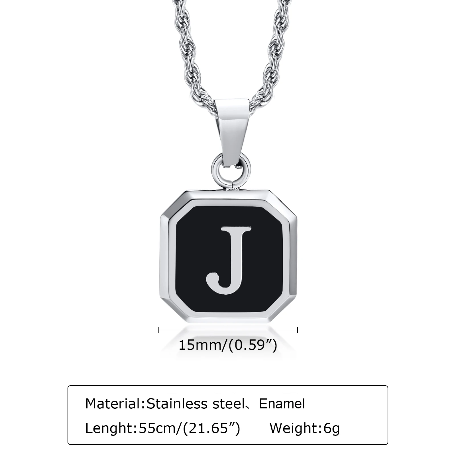 Initials Necklaces for Men Women,A-Z 26 Letters Black Square Stainless Steel Pendant Collar,45-60CM Twisted Rope Chain Gifts