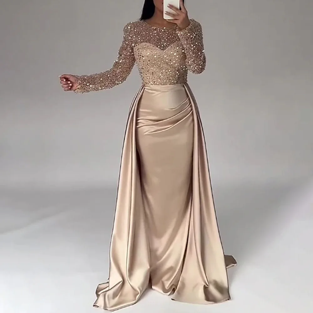 Women's Luxurious Sequins Evening Dress Round Neck Ruched Tiered Bodycon Maxi Dress For Female Prom Wedding Host Elegant Dresses