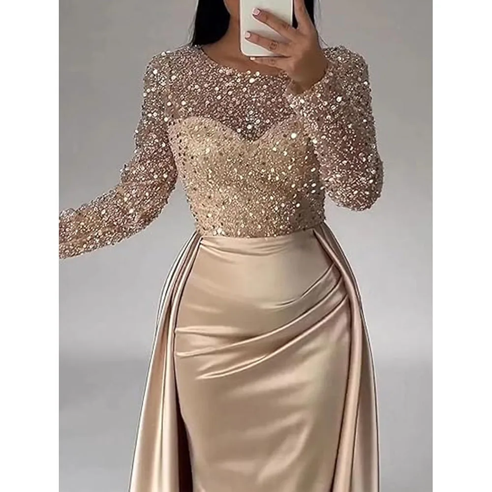 Women's Luxurious Sequins Evening Dress Round Neck Ruched Tiered Bodycon Maxi Dress For Female Prom Wedding Host Elegant Dresses