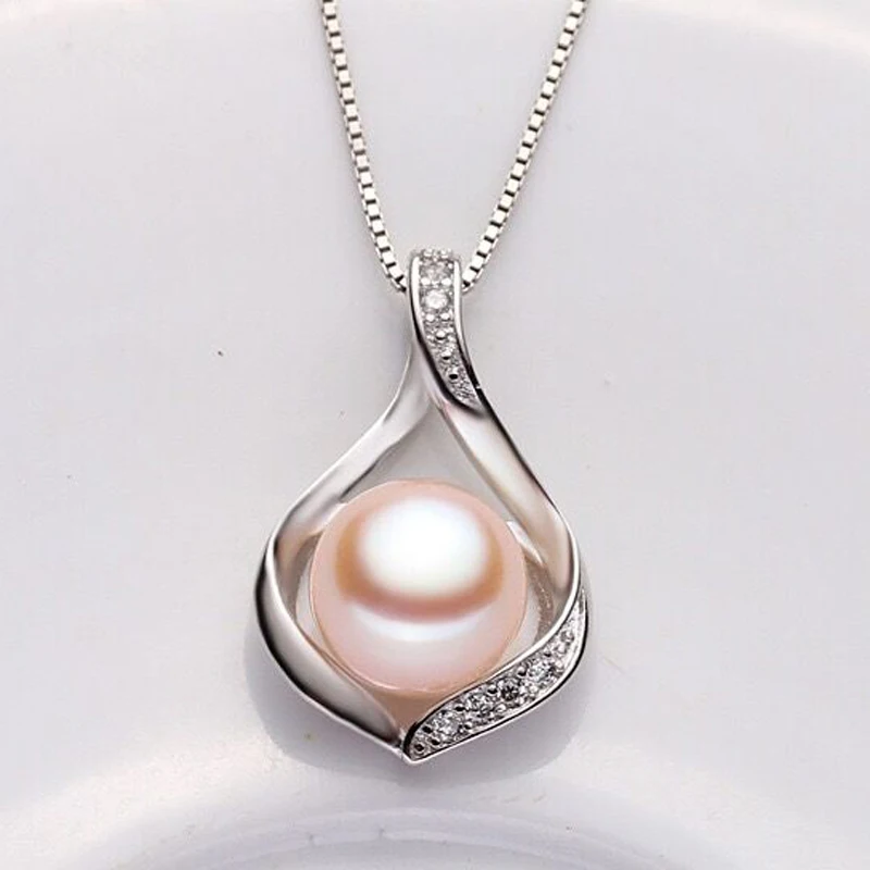 Real Natural Freshwater Black Pearl Pendant Jewelry Women,Cute 925 Silver Pearl Necklace Girl Wife Birthday Gift White Pink