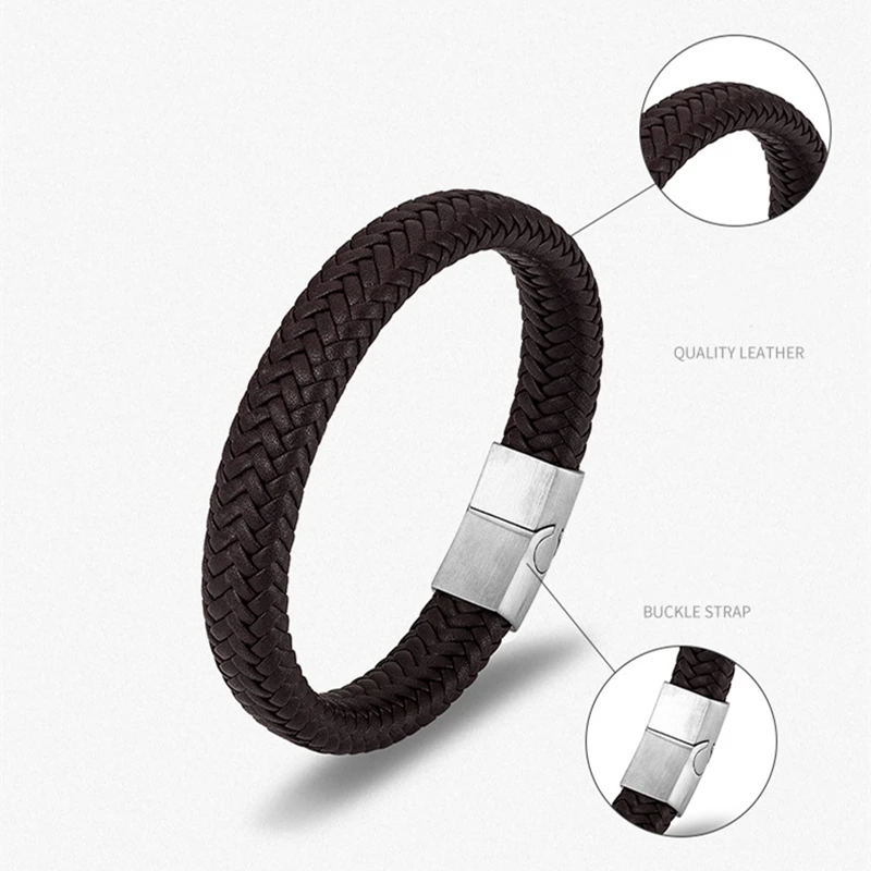 Punk Vintage Men Genuine Braided Leather Bracelet Titanium Steel Magnetic Clasp Bracelets Minimalist Wristband Jewelry