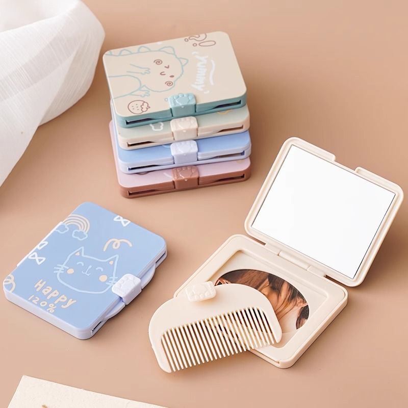 Portable Mirror, Portable Comb Mirror, 2-in-1 Square Folding Mini Pocket Mirror, Touch-up Beauty Makeup, Princess Mirror