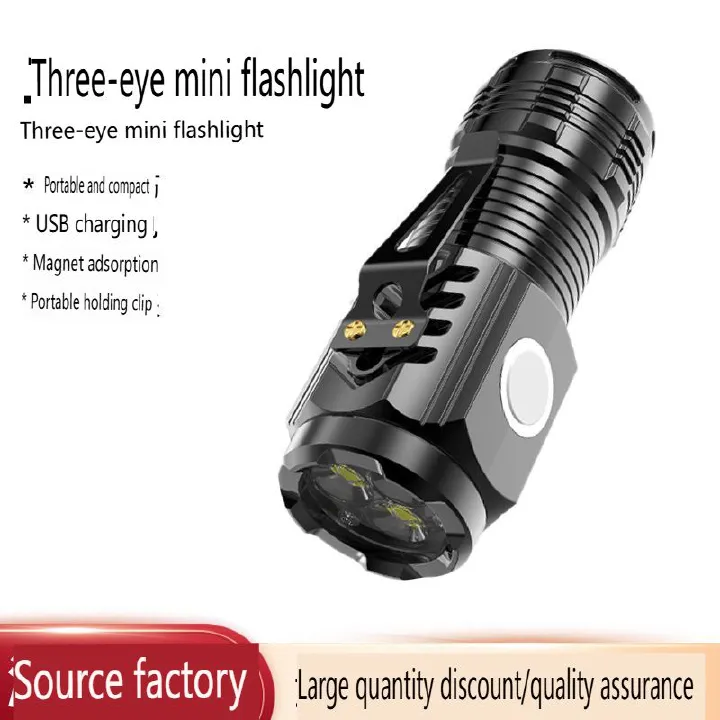 The explosive three-eye strong magnetic rechargeable flashlight is portable, ultra-bright and strong light small flashlight, multi-function mini LED work light