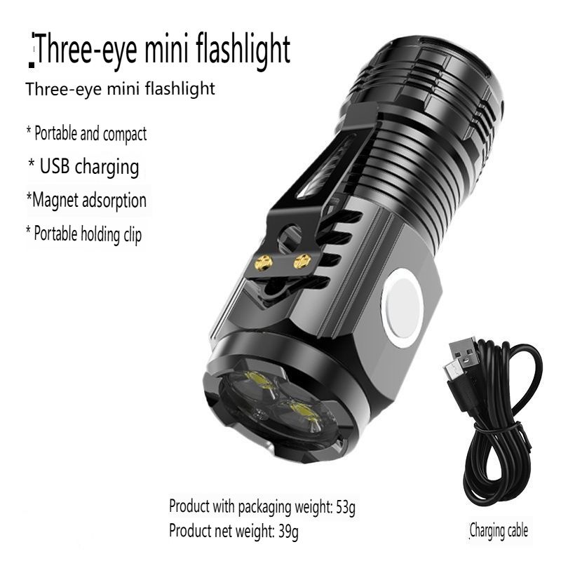 The explosive three-eye strong magnetic rechargeable flashlight is portable, ultra-bright and strong light small flashlight, multi-function mini LED work light