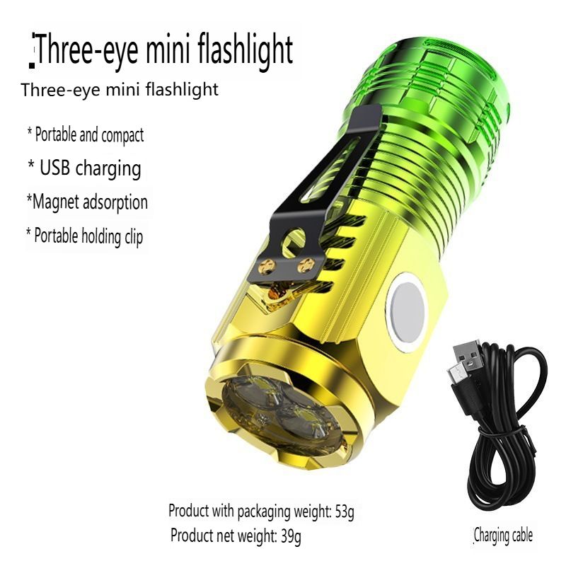 The explosive three-eye strong magnetic rechargeable flashlight is portable, ultra-bright and strong light small flashlight, multi-function mini LED work light