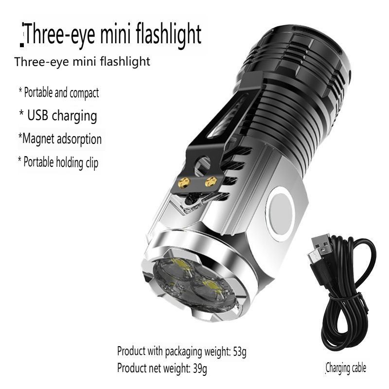 The explosive three-eye strong magnetic rechargeable flashlight is portable, ultra-bright and strong light small flashlight, multi-function mini LED work light