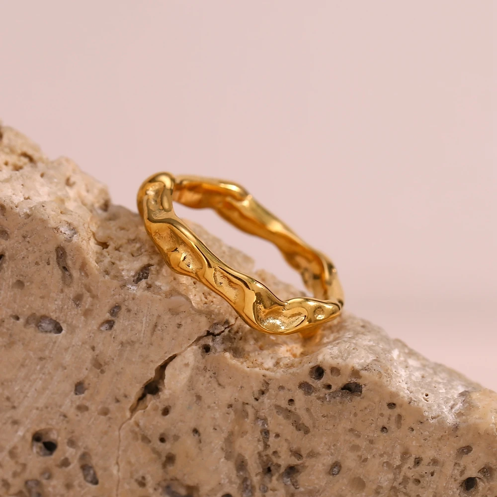 Casting Irregular Water Wave Hammered Gold Plated Index Finger Rings For Woman Minimalist Basics Stainless Steel Rings Jewelry