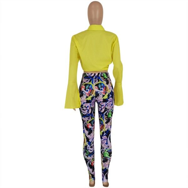 A Two-Piece Set Of Fashionable Long-Sleeved Shirt And Printed Trousers For Ladies