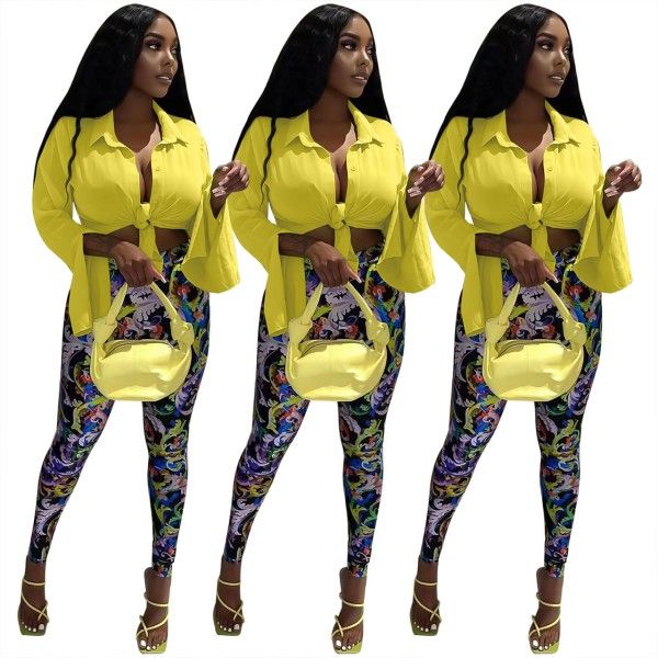 A Two-Piece Set Of Fashionable Long-Sleeved Shirt And Printed Trousers For Ladies