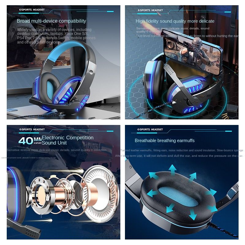 Wired Desktop Computer Ps5 Earphones, Illuminated Gaming Headset, E-Sports Headset, Chicken Eating Earphone  Wired Earphones