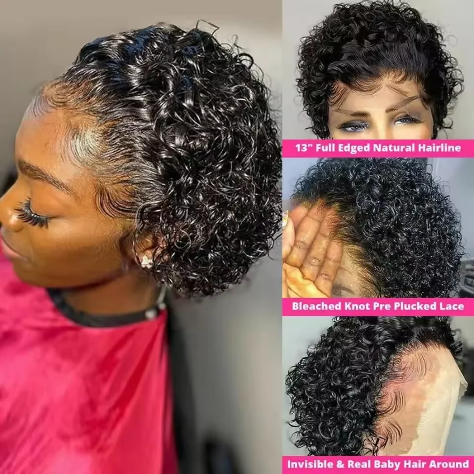 Pixie Cut Wigs Human Hair Short Curly Lace Front Human Hair Wigs Brazilian 13x1 Transparent Lace Wigs  Water Wave Bob Wig