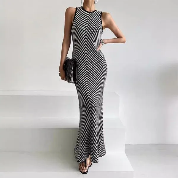 A High-End Round-Neck Striped Color-Blocking Figure-Hugging Slimming Sleeveless Knitted Dress
