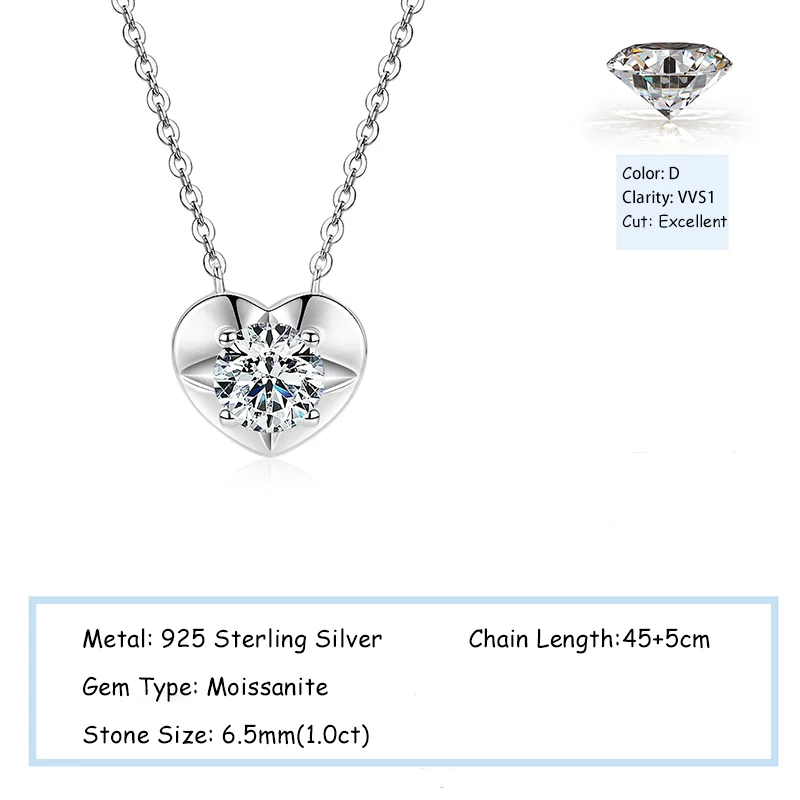1.0CT Round Moissanite Love Heart Pendant Necklaces for Women S925 Sterling Silver Clavicle Chains Fine Jewelry Gifts