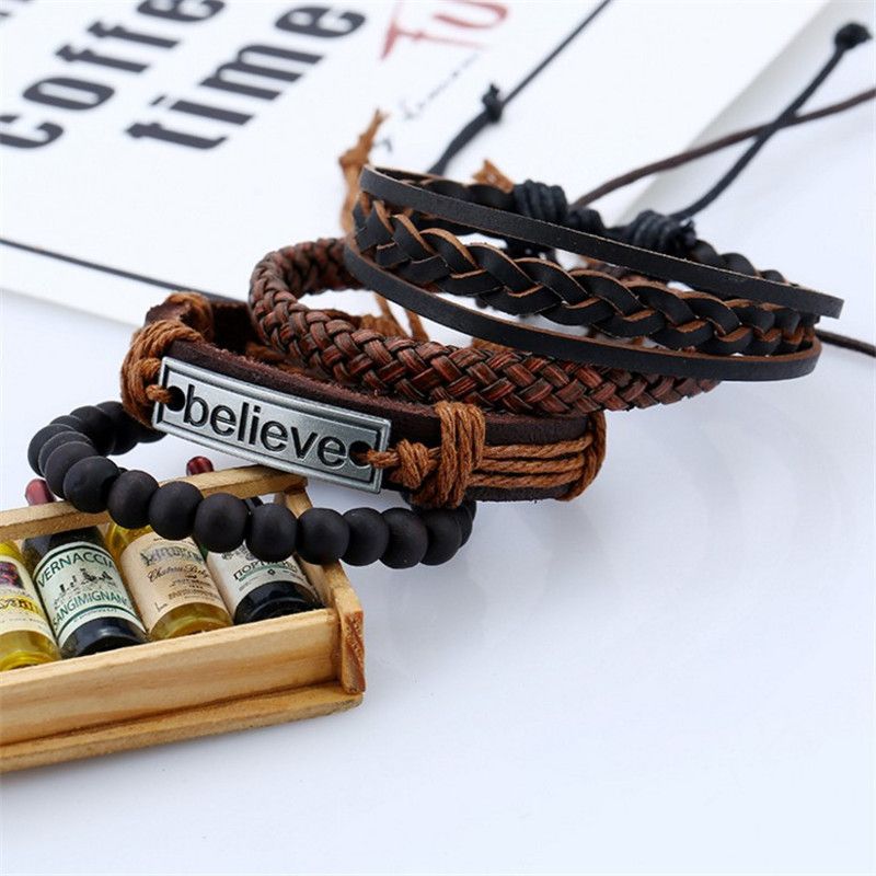 2024 explosive cowhide set men's bracelet men's rope vintage woven leather hand jewelry