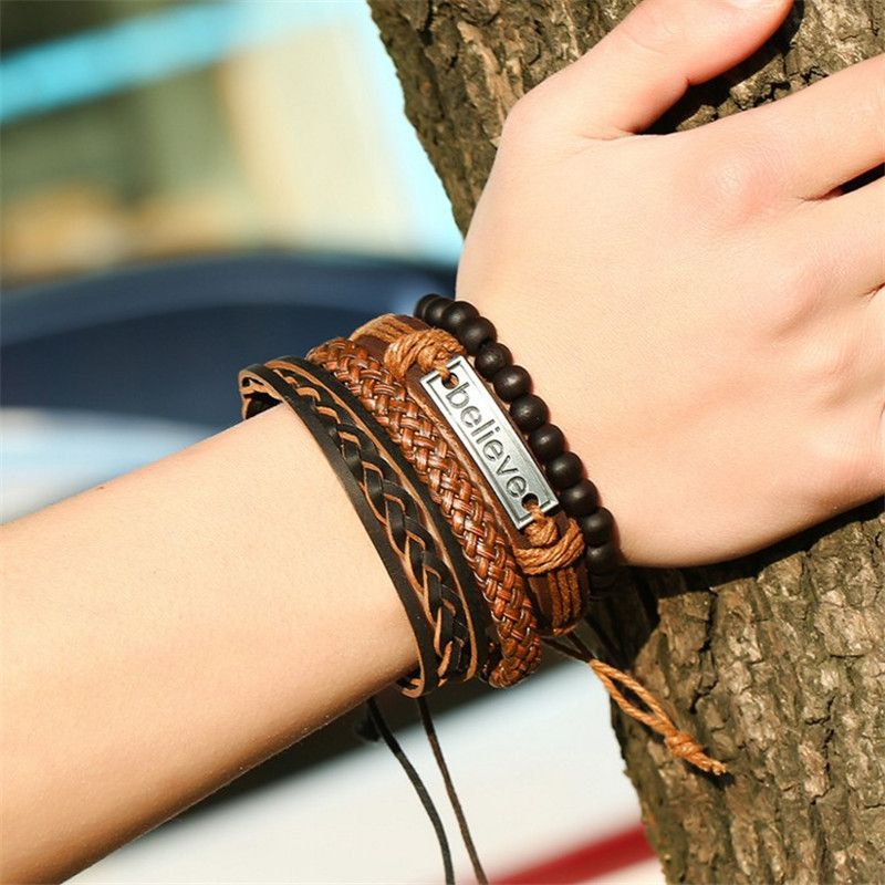 2024 explosive cowhide set men's bracelet men's rope vintage woven leather hand jewelry