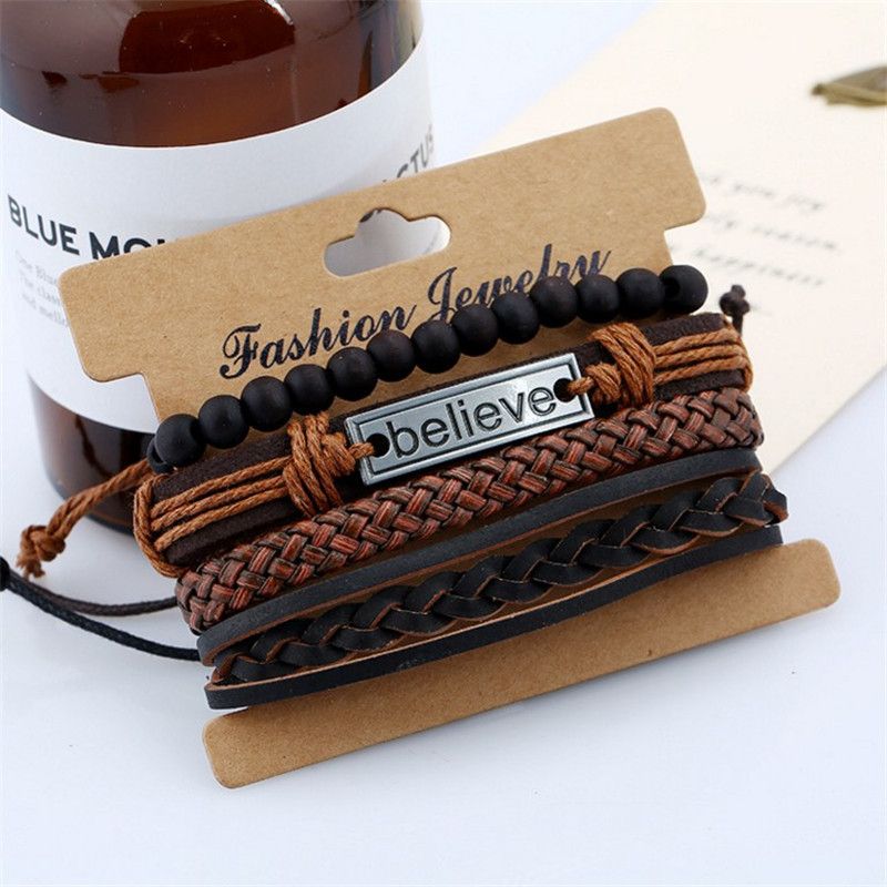 2024 explosive cowhide set men's bracelet men's rope vintage woven leather hand jewelry