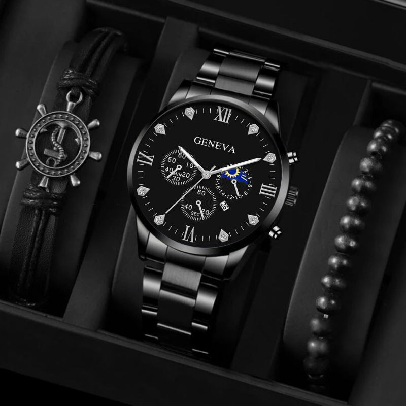 Personalized Men's Watch Bracelet Set Black and Silver steel band Quartz wristband 2 bracelet Rudder and lucky bead bracelet Perfect birthday gift for men