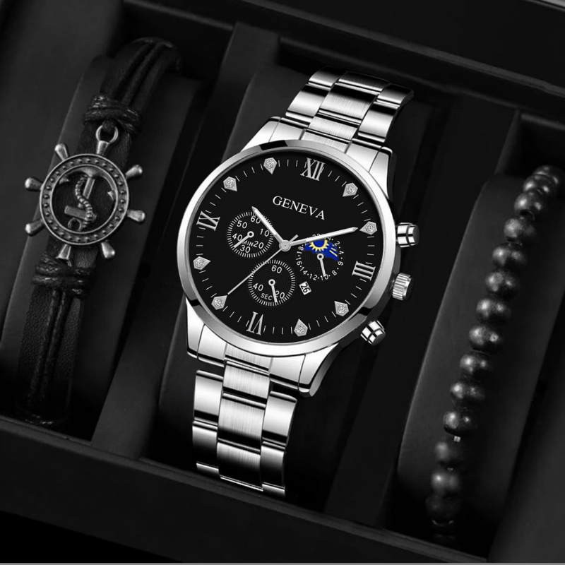 Personalized Men's Watch Bracelet Set Black and Silver steel band Quartz wristband 2 bracelet Rudder and lucky bead bracelet Perfect birthday gift for men