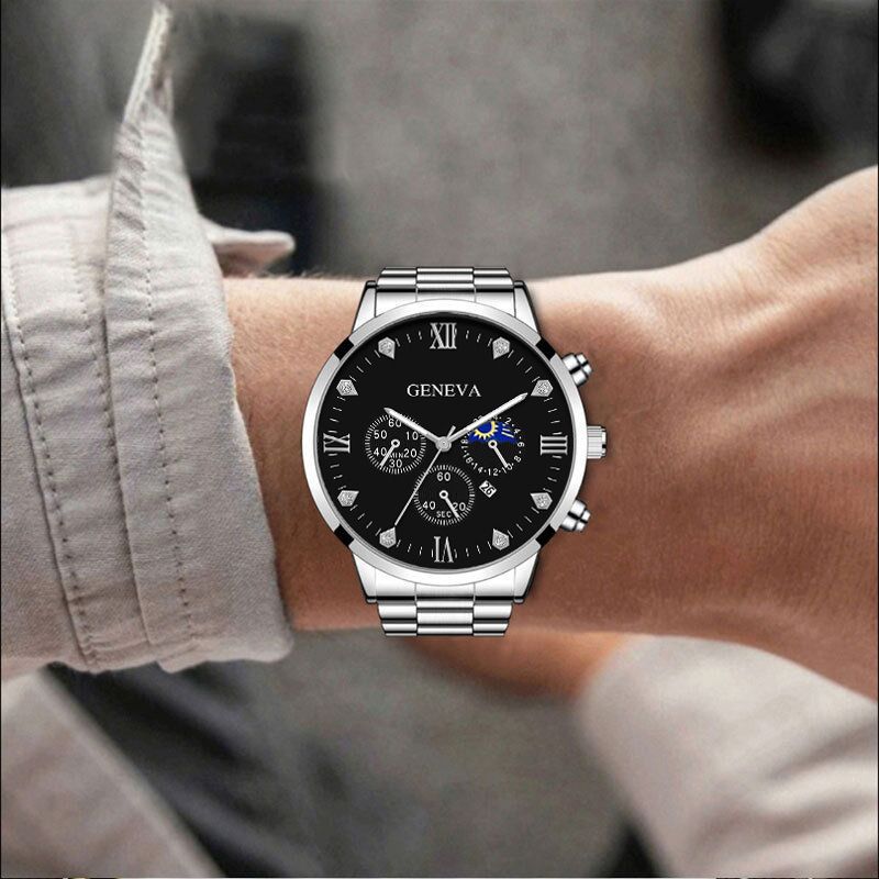 Personalized Men's Watch Bracelet Set Black and Silver steel band Quartz wristband 2 bracelet Rudder and lucky bead bracelet Perfect birthday gift for men