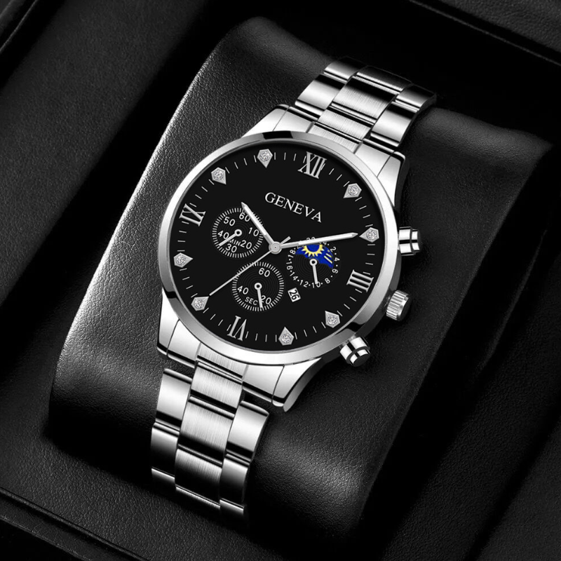 Personalized Men's Watch Bracelet Set Black and Silver steel band Quartz wristband 2 bracelet Rudder and lucky bead bracelet Perfect birthday gift for men