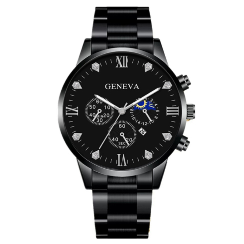 Personalized Men's Watch Bracelet Set Black and Silver steel band Quartz wristband 2 bracelet Rudder and lucky bead bracelet Perfect birthday gift for men