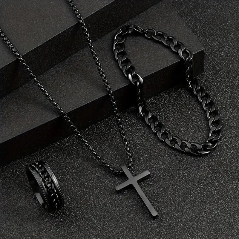 SHEINtemu new fashion men's cross jewelry chain ring bracelet necklace 3 sets gift