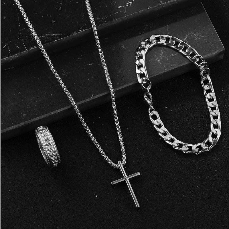 SHEINtemu new fashion men's cross jewelry chain ring bracelet necklace 3 sets gift
