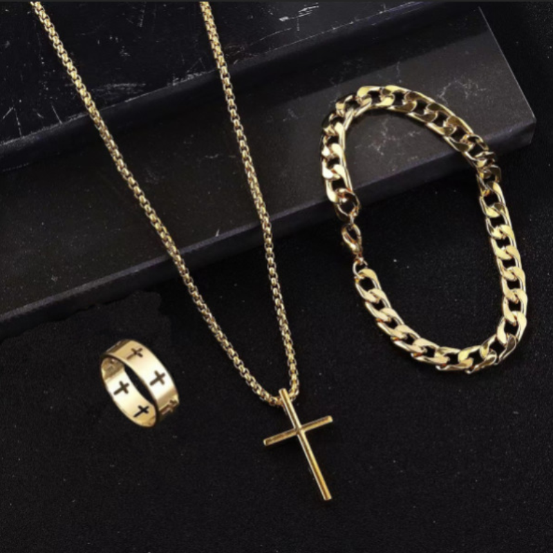 SHEINtemu new fashion men's cross jewelry chain ring bracelet necklace 3 sets gift