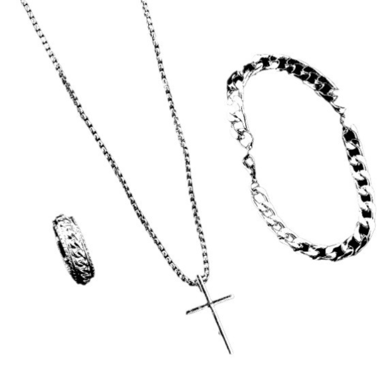 SHEINtemu new fashion men's cross jewelry chain ring bracelet necklace 3 sets gift