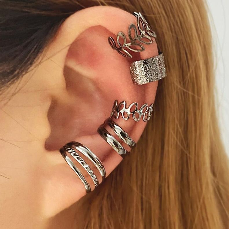 LATS Silver Color Leaves Clip Earrings for Women Men Creative Simple C Ear Cuff Non-Piercing Ear Ear Clip Set Trend Jewelry Gift