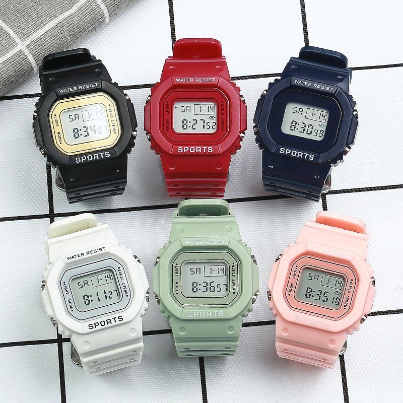 Matcha green solid color square couple LED electronic watch multi-functional male and female middle school students luminous waterproof watch