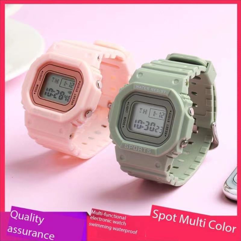 Matcha green solid color square couple LED electronic watch multi-functional male and female middle school students luminous waterproof watch