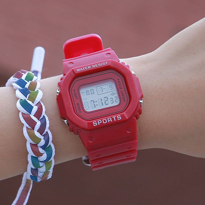 Matcha green solid color square couple LED electronic watch multi-functional male and female middle school students luminous waterproof watch