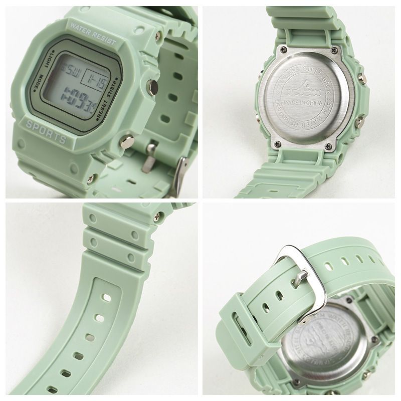 Matcha green solid color square couple LED electronic watch multi-functional male and female middle school students luminous waterproof watch