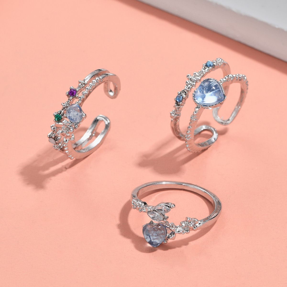 Sea blue love moonlight zircon open ring set three-piece women's personality light luxury niche design sense of hand jewelry