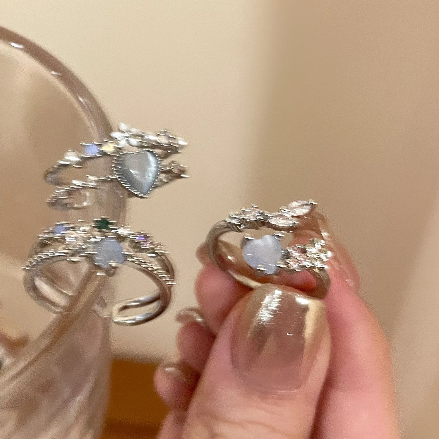 Sea blue love moonlight zircon open ring set three-piece women's personality light luxury niche design sense of hand jewelry
