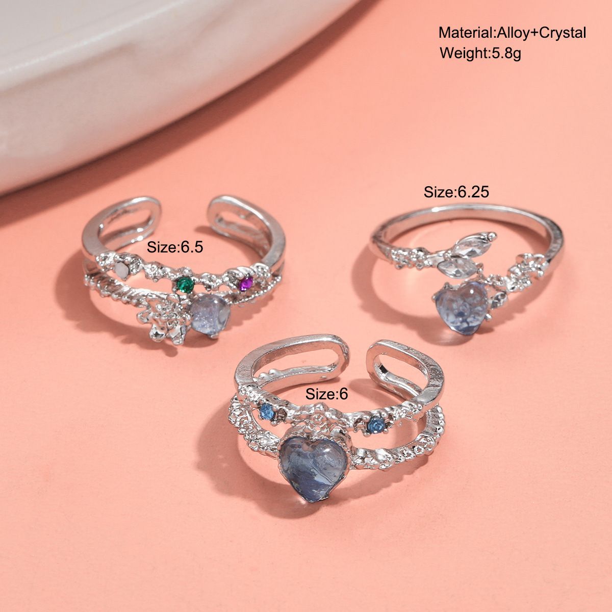 Sea blue love moonlight zircon open ring set three-piece women's personality light luxury niche design sense of hand jewelry