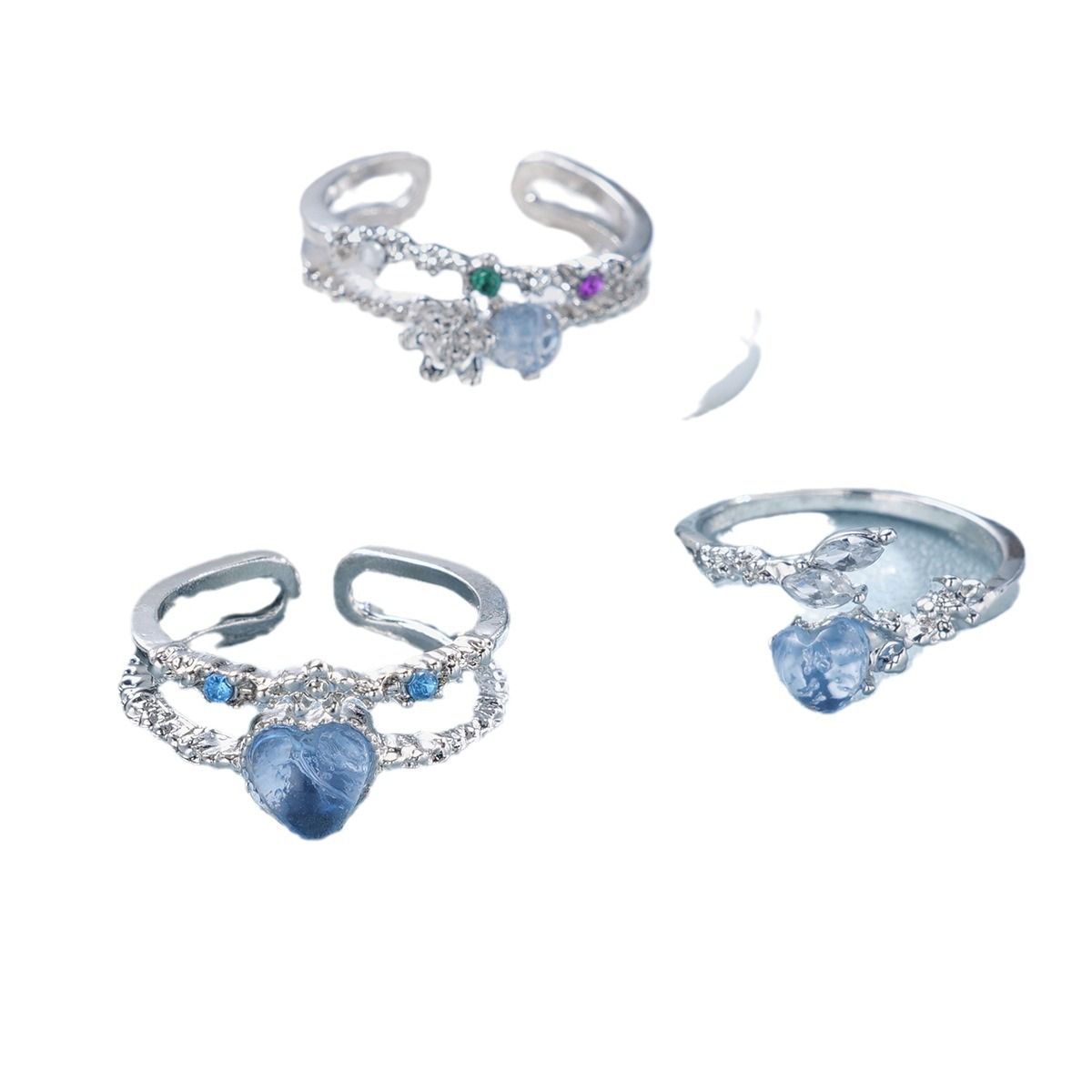 Sea blue love moonlight zircon open ring set three-piece women's personality light luxury niche design sense of hand jewelry