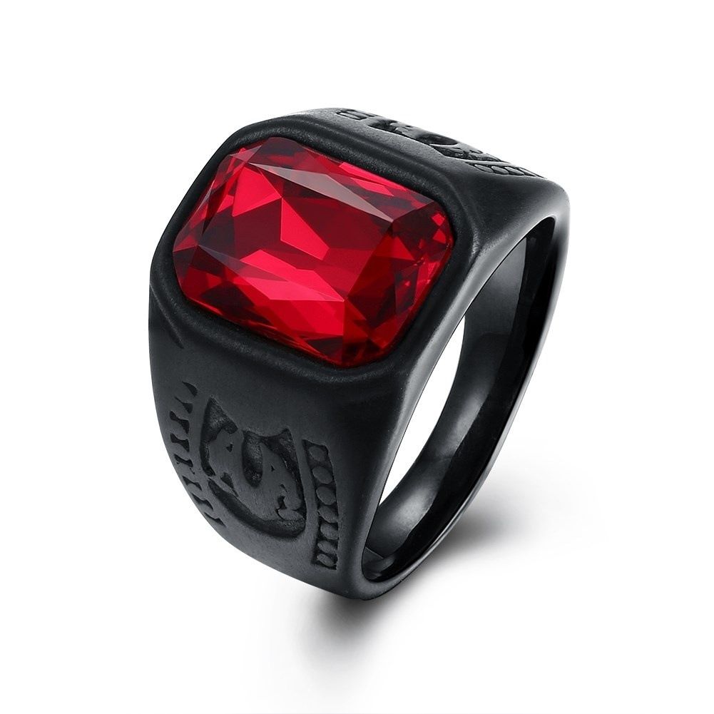 Hot selling new men's personality trend ring black inset red zircon male fashion jewelry horseshoe ring