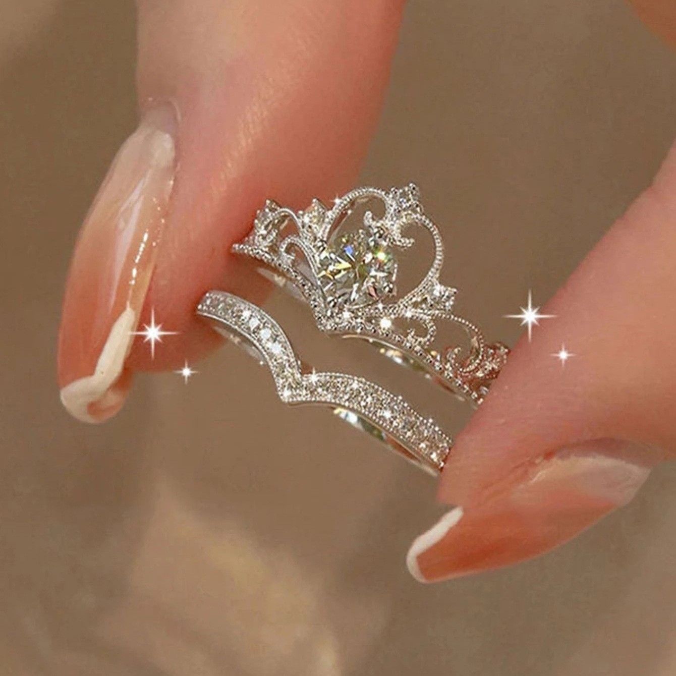 SHEIN sells simple style diamond Crown Princess diamond ring wedding engagement ring open ring set couples 2 sets