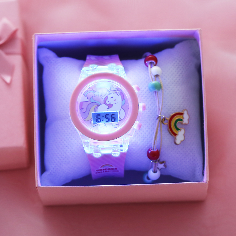 Explosive luminous girl watch unicorn glow-in-the-dark silicone electronic watch plus bracelet two-piece set plus gift box birthday gift girlfriends gift