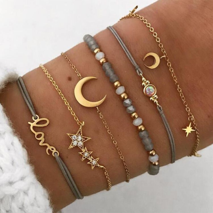 New Temperament Ladies Star Moon Personality Pendant Bracelet String grey beaded bracelet English letters love five-pointed star 6-piece bracelet set