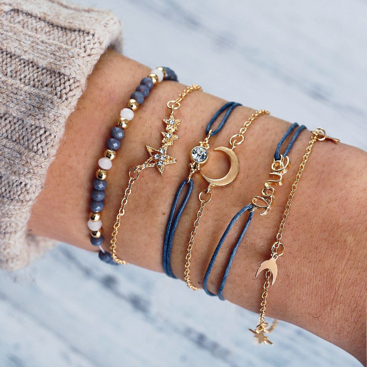New Temperament Ladies Star Moon Personality Pendant Bracelet String grey beaded bracelet English letters love five-pointed star 6-piece bracelet set