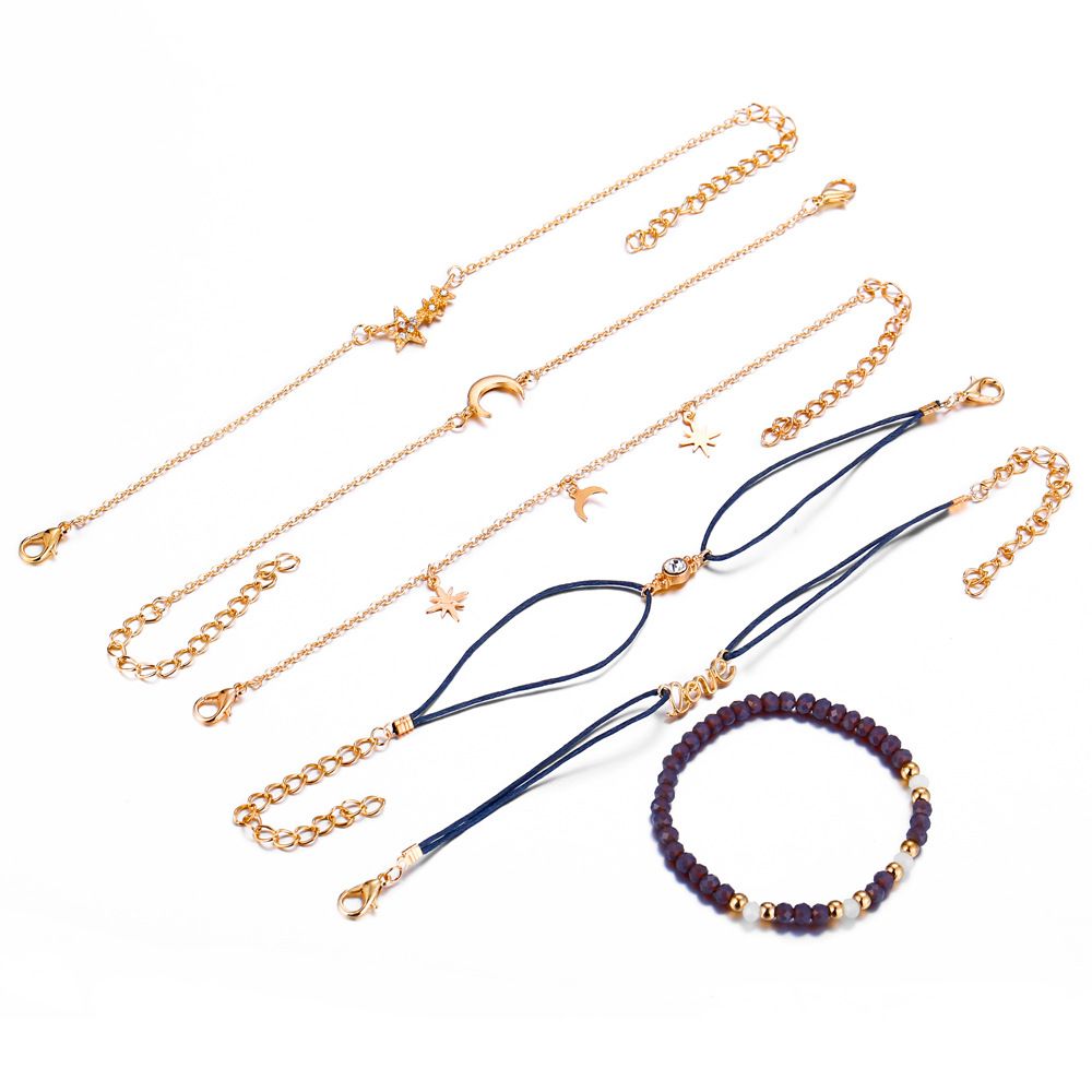 New Temperament Ladies Star Moon Personality Pendant Bracelet String grey beaded bracelet English letters love five-pointed star 6-piece bracelet set