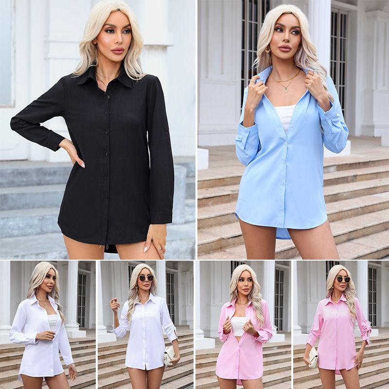 New fashion white shirt ladies mid-length bf style loose sexy pajamas long-sleeved chiffon shirtchiffon shirt