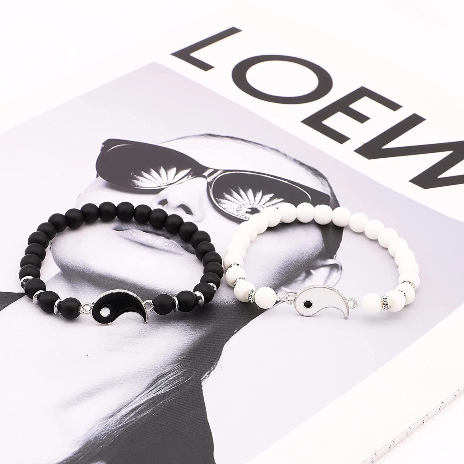 Friendship Gift Diamond Ring Block Tai Chi Pendant Bracelet Frosted black and white porcelain beaded adjustable black and white Yin and Yang bracelet for men and women couples